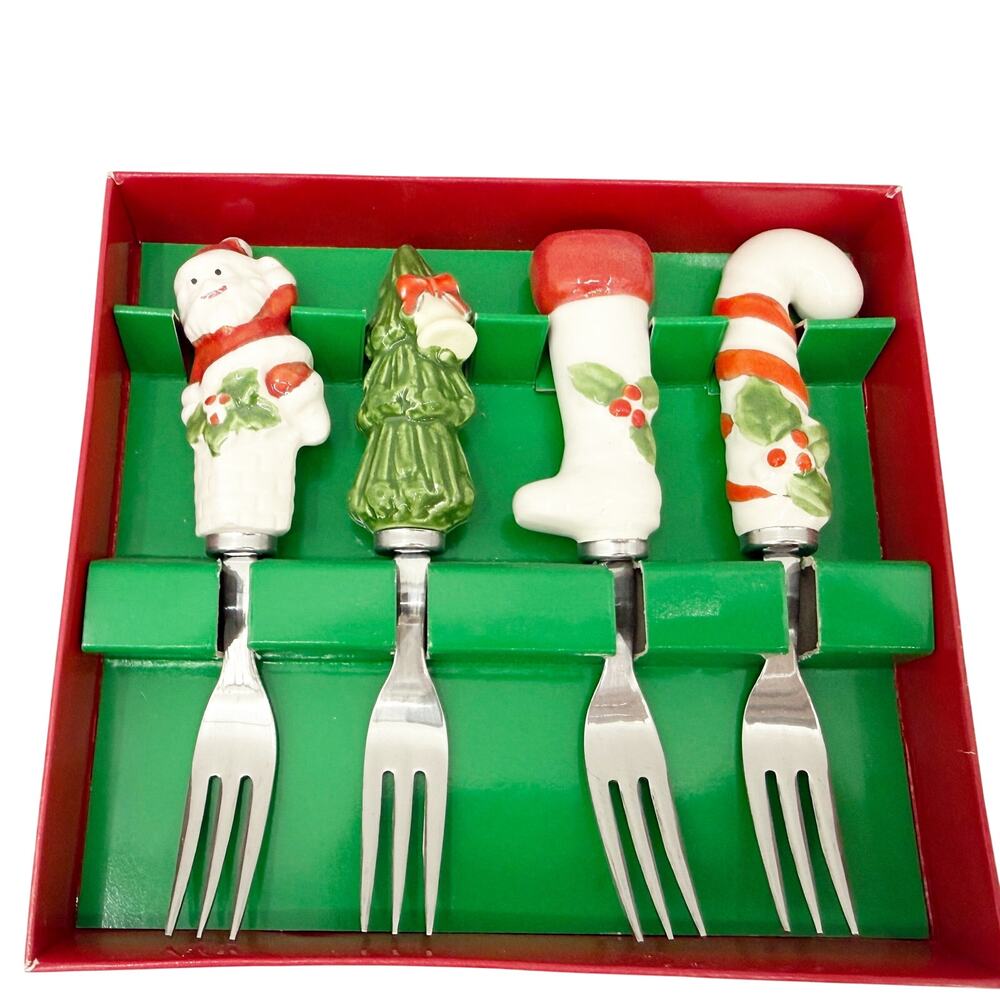 set of 4 holiday Dessert Forks All The Trimmings Christmas tableware dining